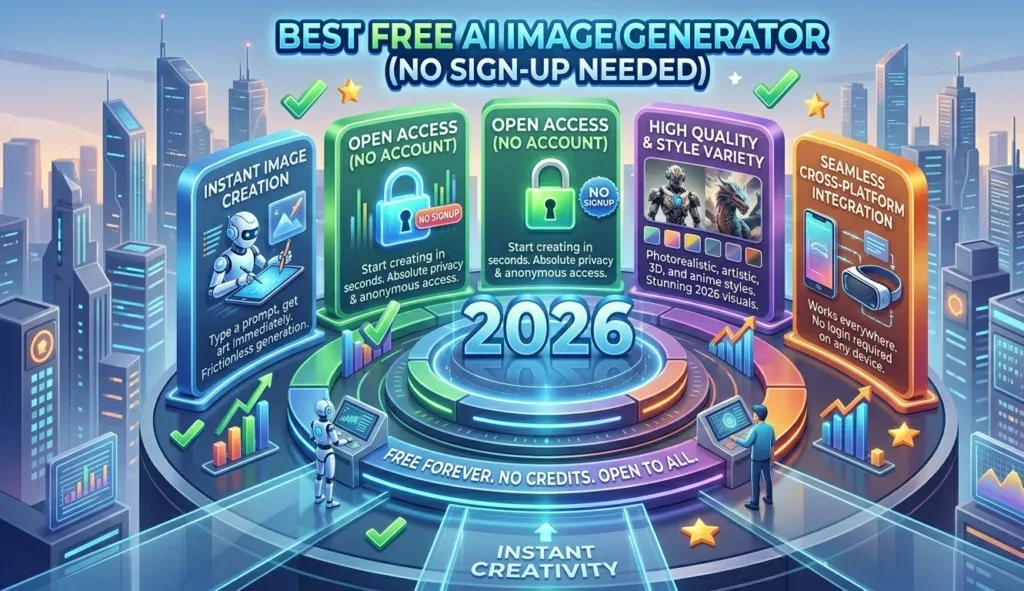 Vibrant 3D isometric infographic showing a stylized AI art console and four modules: 'BEST FREE AI IMAGE GENERATORS 2026 (NO SIGN-UP),' 'INSTANT IMAGE CREATION,' 'HIGH QUALITY & STYLE VARIETY,' and 'OPEN ACCESS (NO ACCOUNT).' The scene features small 3D artists, data streams, glowing icons, and a modern city background, using blue, green, and orange lighting